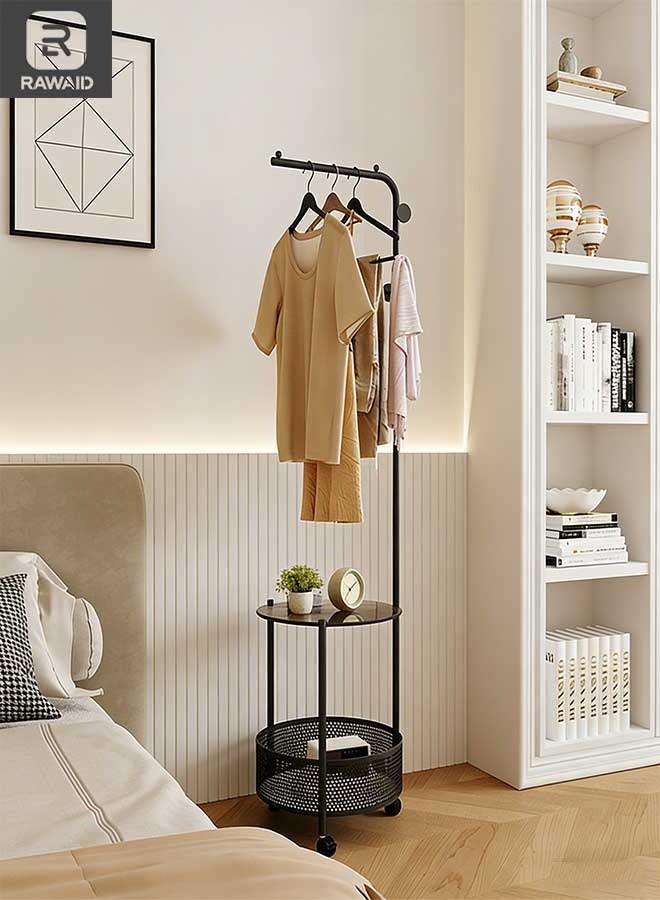 RAWAID Metal Clothes Rack Tree, Coat Rack with Side Table Basket and Wheels,Coat Rack with Stands, Industrial Style,Floor Hallway Cabinet with 3 Hooks for Clothes, Hats, Bags 40x40x175cm - Image 2